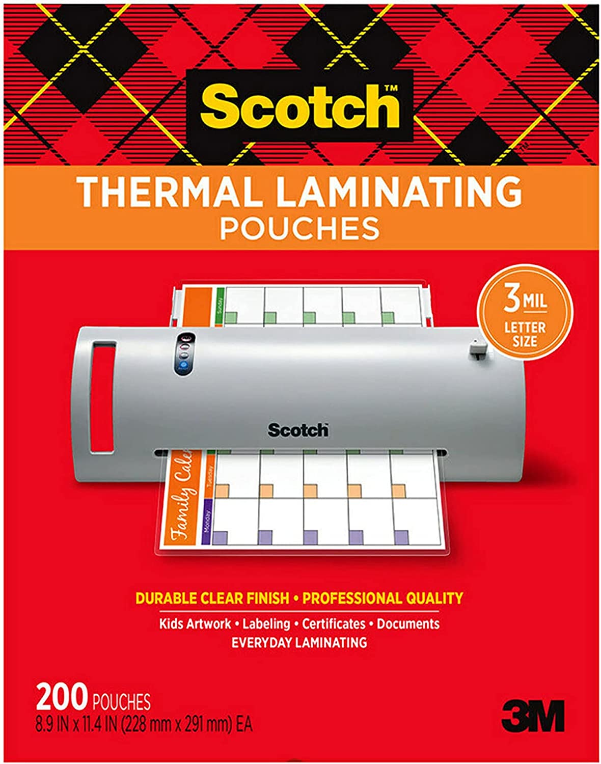 Scotch Thermal Laminating Pouches, 200- Count-Pack of 1, 8.9 x 11.4 Inches,  Letter Size Sheets, Clear, 3-Mil (TP3854-200) - Ibecomstore